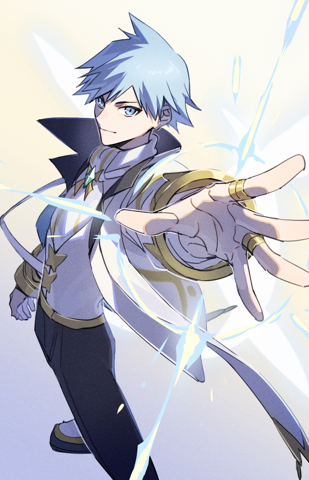 1boy, black_pants, closed_mouth, coat, gem, green_gem, grey_eyes, grey_hair