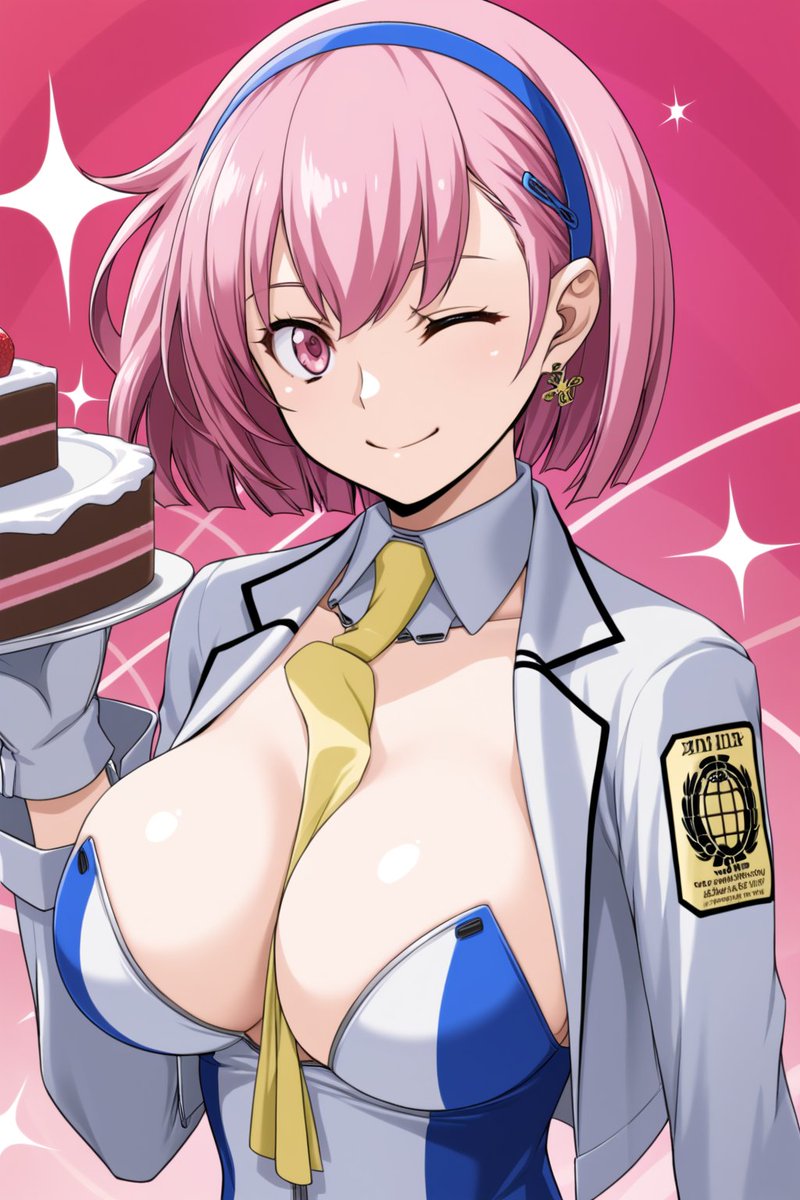 1girl, blue_dress, breasts, cake, cleavage, daimon_meguru, detached_collar, dress, earrings, food, hairband, highres, huge_breasts, jacket, jewelry, large_breasts, looking_at_viewer, necktie, one_eye_closed, pink_eyes, pink_hair, rickykeigo, short_hair, smile, solo, super_robot_wars, super_robot_wars_dd, white_dress, white_jacket