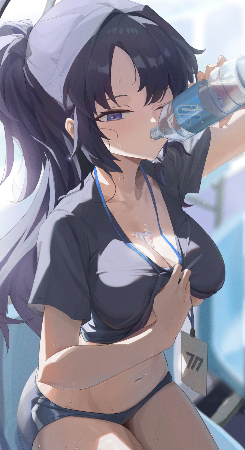 1girl, absurdres, blue_archive, blue_buruma, bottle, breasts, buruma, cleavage