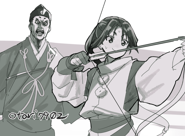 2boys, archery, arrow_(projectile), black_hair, bow, bow_(weapon), commentary_request, drawing_bow, hakama, hat, holding, holding_arrow, holding_bow_(weapon), holding_weapon, houjou_tokiyuki_(nige_jouzu_no_wakagimi), indesign, japanese_clothes, kariginu, long_hair, long_sleeves, male_focus, monochrome, multiple_boys, nige_jouzu_no_wakagimi, ogasawara_sadamune, open_mouth, parted_bangs, ponytail, sash, sidelocks_tied_back, smile, sweat, sweatdrop, very_long_hair, weapon, wide_sleeves