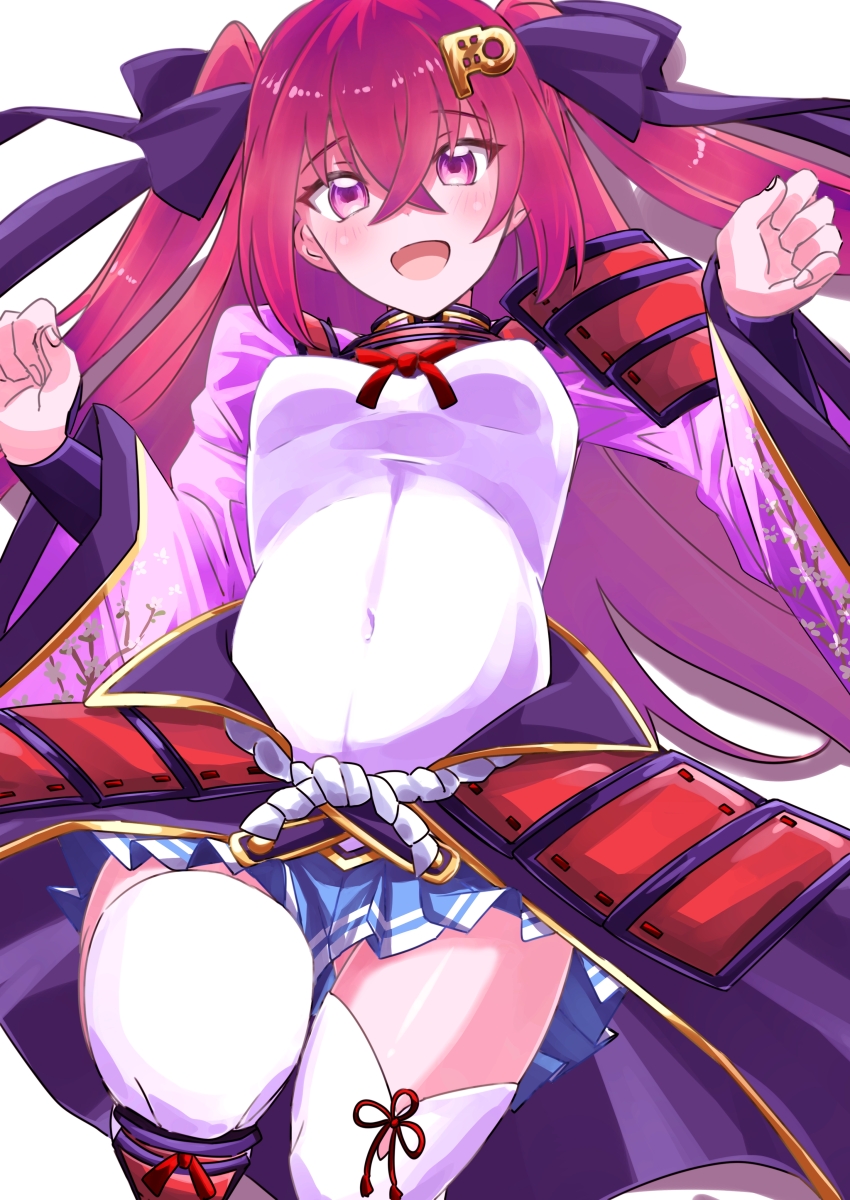 1girl, absurdres, armor, black_ribbon, blue_skirt, blush, hair_ornament, hair_ribbon