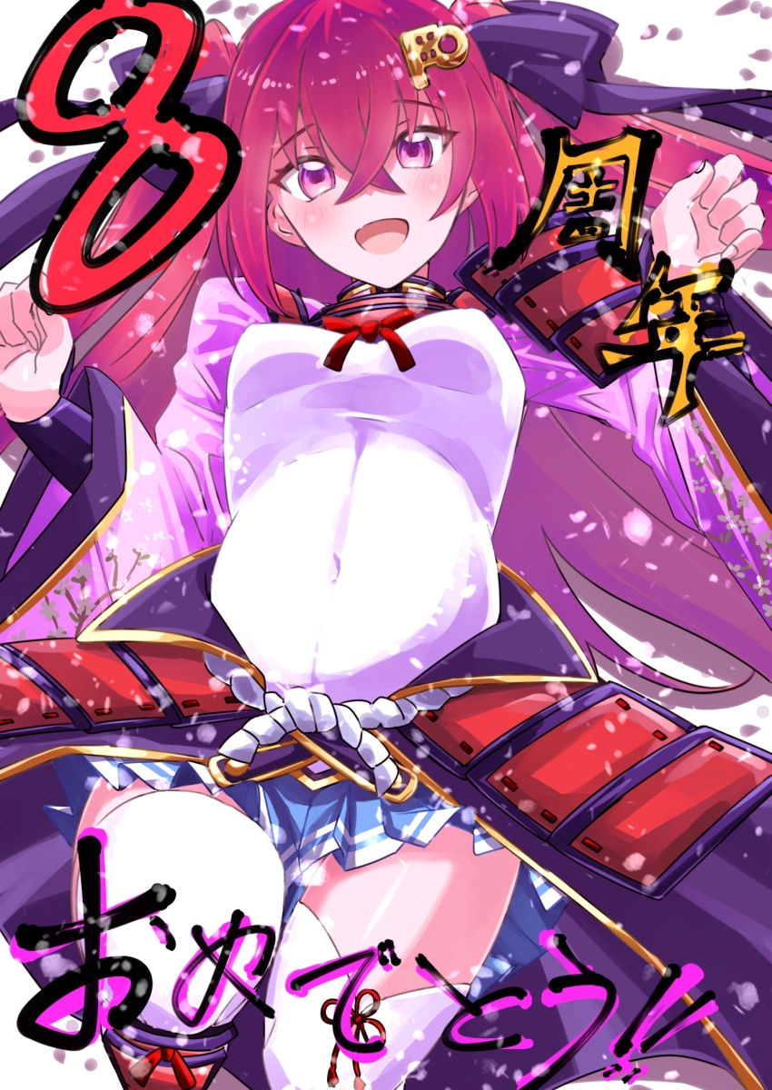 1girl, armor, black_ribbon, blue_skirt, blush, hair_ornament, hair_ribbon, highres