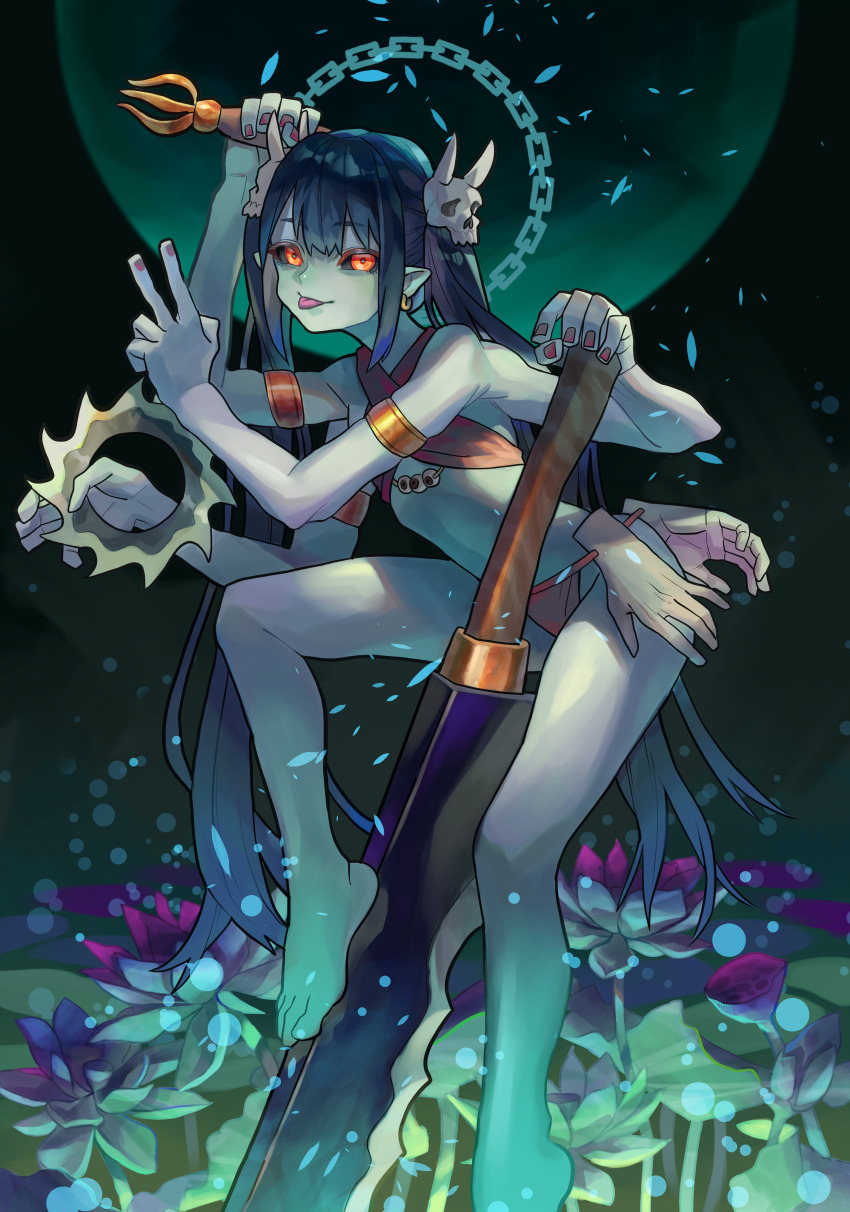1girl, absurdres, armlet, barefoot, black_hair, black_sclera, blue_petals, chain_halo, chakram, cleaver, colored_sclera, colored_skin, commentary_request, criss-cross_halter, disembodied_hand, earrings, extra_arms, flower, green_moon, greenless_417, grey_skin, grin, hair_ornament, halterneck, handle, highres, hindi_commentary, holding, holding_sword, holding_weapon, hoop_earrings, jewelry, leaning_forward, light_particles, lily_pad, loincloth, looking_at_viewer, lotus, monster_girl, moon, multiple_weapons, night, orange_eyes, original, petals, pointy_ears, red_nails, skinny, skull_hair_ornament, smile, sword, thighs, tongue, tongue_out, twintails, v, weapon, wetland