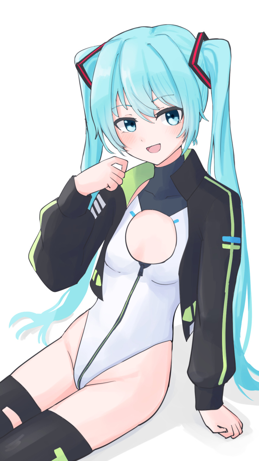 1girl, alice_gear_aegis, aqua_eyes, aqua_hair, black_jacket, black_thighhighs, breasts, circle_cutout, cleavage_cutout, clothing_cutout, companion/af, covered_collarbone, front_zipper, full-length_zipper, hatsune_miku, heattech_leotard, highleg, highleg_leotard, highres, jacket, leotard, multicolored_leotard, okra_(osakimakkura33), race_queen, simple_background, sitting, sleeveless_turtleneck_leotard, small_breasts, solo, thighhighs, turtleneck, twintails, two-tone_leotard, vocaloid, white_background, white_leotard, zipper, zipper_leotard, zipper_pull_tab