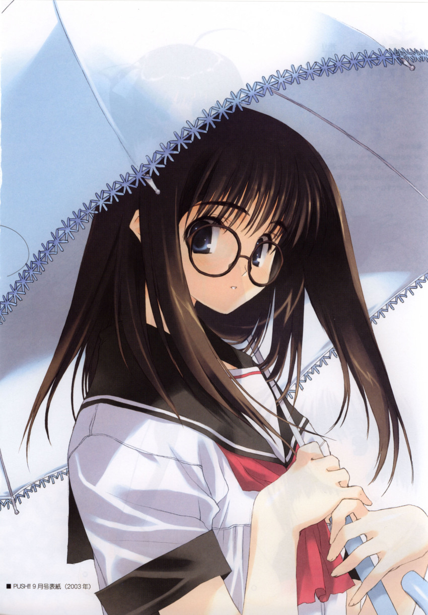 00s, 1girl, 2003, absurdres, black-framed_eyewear, black_hair, blue_eyes, blush, dated, female_focus, from_side, glasses, grin, highres, holding, holding_umbrella, kurihara_touko, long_hair, looking_at_viewer, looking_back, mitsumi_misato, nakamura_takeshi, neckerchief, official_art, over_shoulder, push!!, scan, scan_artifacts, school_uniform, serafuku, shade, shirt, short_sleeves, simple_background, sleeve_cuffs, smile, solo, tenshi_no_inai_12-gatsu, umbrella, upper_body, white_background, white_shirt