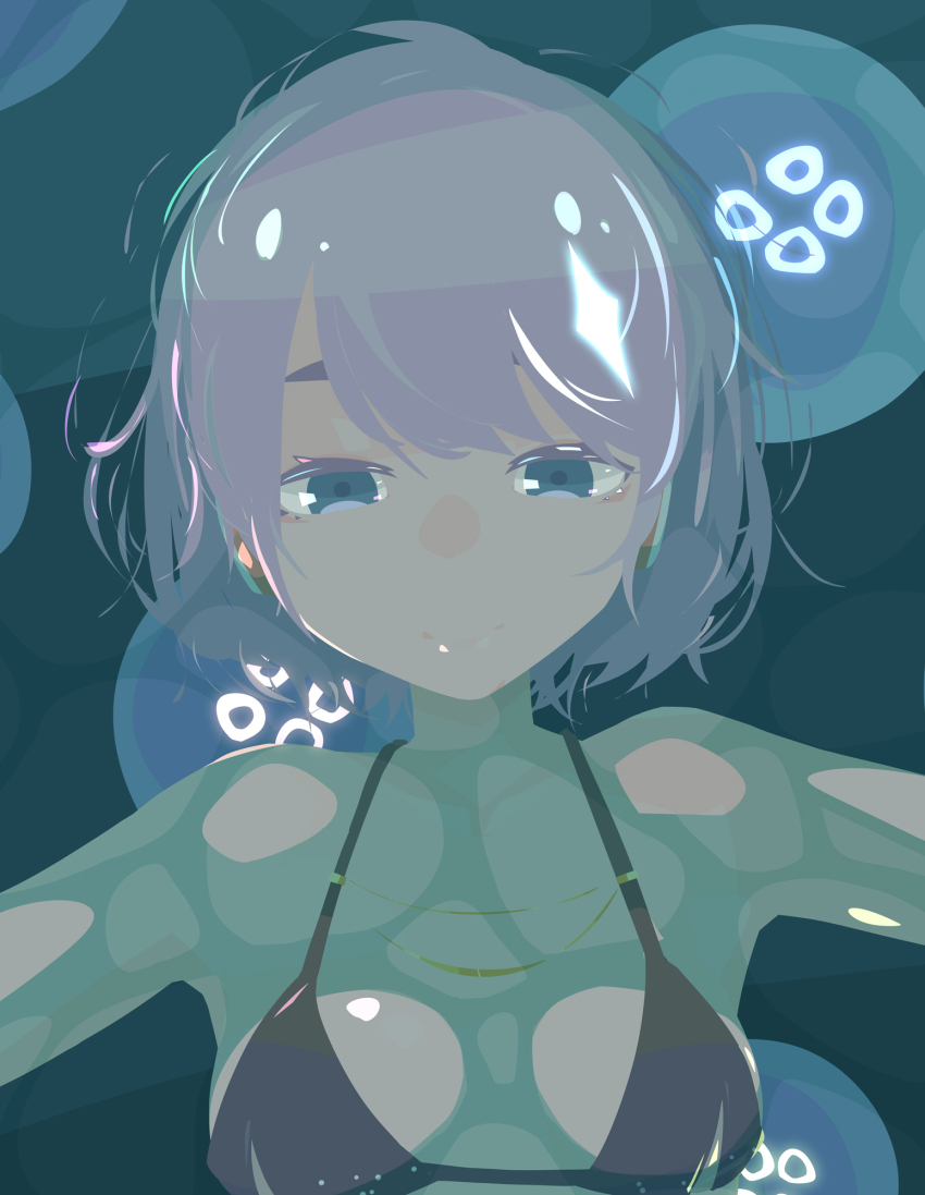 1girl, bikini, black_bikini, blue_eyes, breasts, closed_mouth, commentary_request, floating, grey_hair, hara_id_21, highres, looking_at_viewer, lying, morohoshi_subaru, no_lineart, on_back, short_hair, small_breasts, smile, solo, station_memories, swimsuit, underwater, upper_body, water