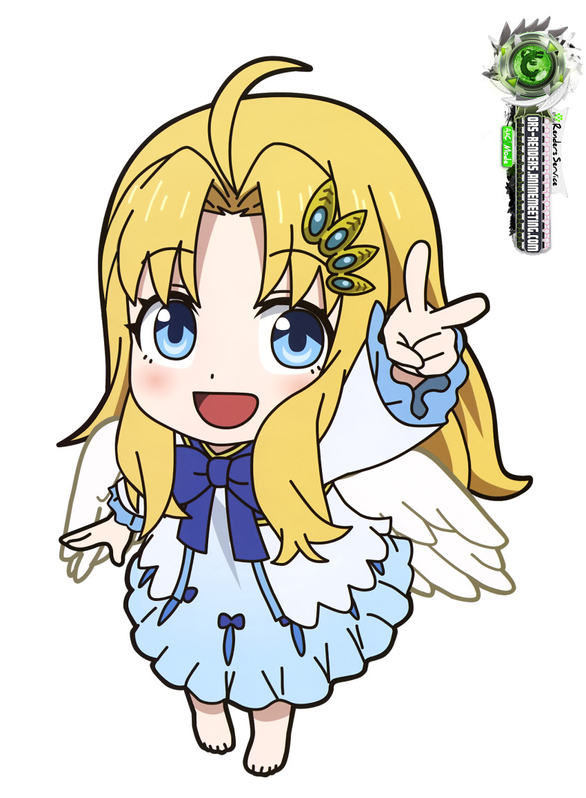 1girl, ahoge, anime_coloring, aqua_dress, aqua_eyes, artist_request, barefoot, blonde_hair