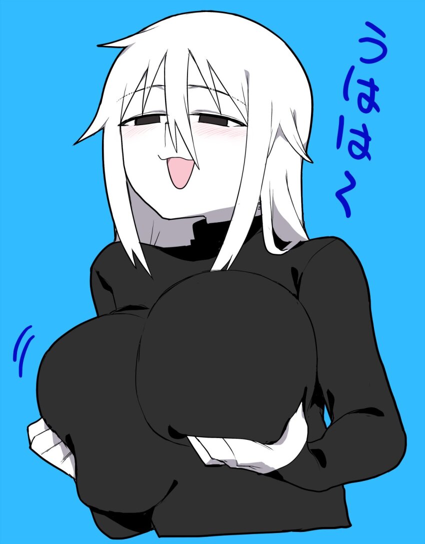 1girl, black_eyes, blue_background, blush, breasts, gomihitosi, grabbing_own_breast, hairstyle_request, half-closed_eyes, highres, huge_breasts, open_mouth, original, simple_background, tagme, translation_request, white_hair