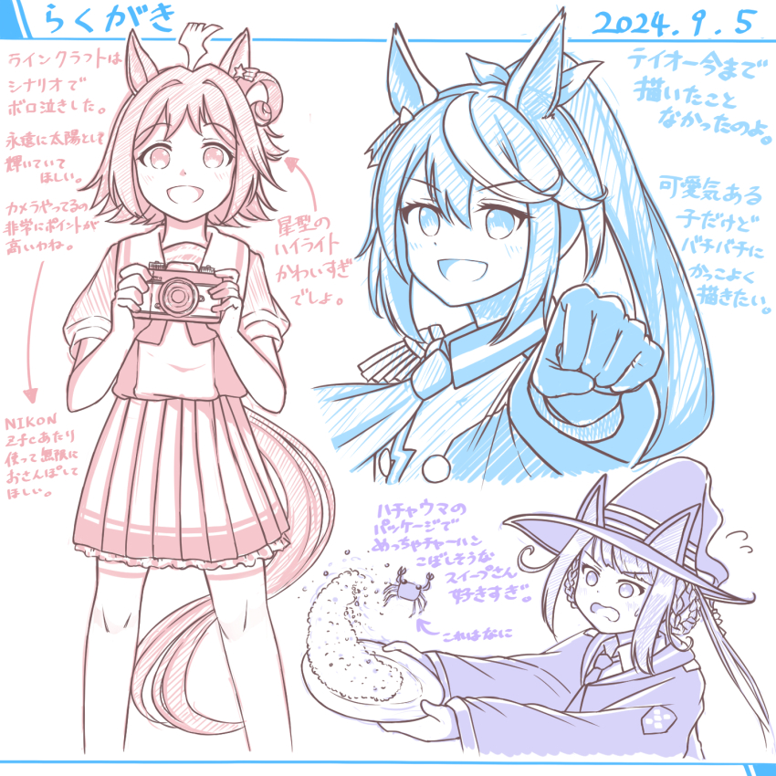 3girls, ahoge, animal_ears, breasts, camera, collarbone, commentary_request, dated