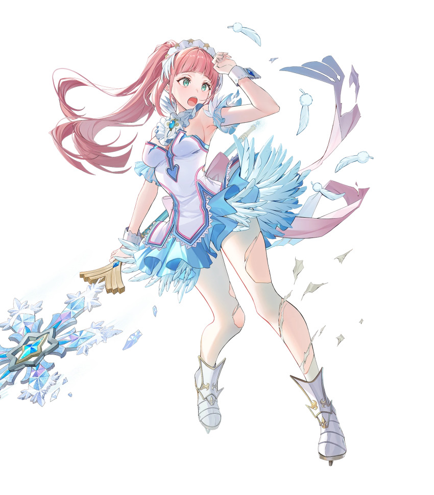 1girl, aqua_eyes, damaged, dress, feather_trim, feathers, felicia_(fire_emblem), felicia_(ice)_(fire_emblem), fire_emblem, fire_emblem_fates, fire_emblem_heroes, highres, ice_skates, leggings, light_brown_hair, long_hair, nintendo, non-web_source, official_alternate_costume, official_art, open_mouth, ponytail, skates, solo, torn_clothes, torn_leggings, tutu, white_dress, white_leggings