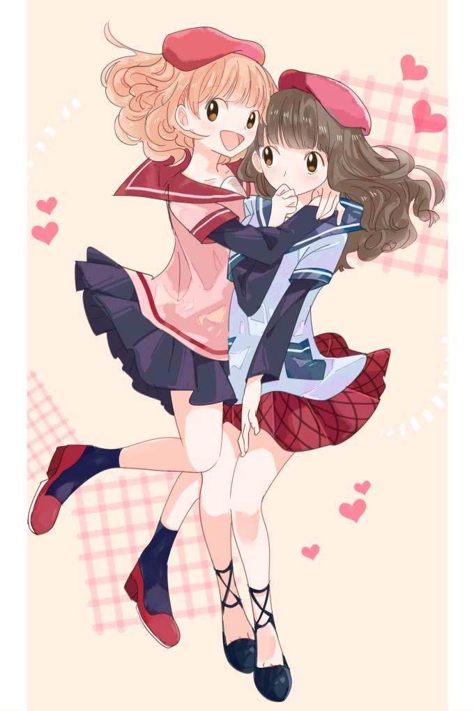 2girls, bemani, beret, black_skirt, black_socks, blue_shirt, brown_eyes, brown_hair, collarbone, hat, heart, hug, long_hair, multiple_girls, open_mouth, pink_shirt, pleated_skirt, pop'n_music, red_hat, red_skirt, rie-chan, sanae-chan, sgwyi, shirt, skirt, socks, yuri