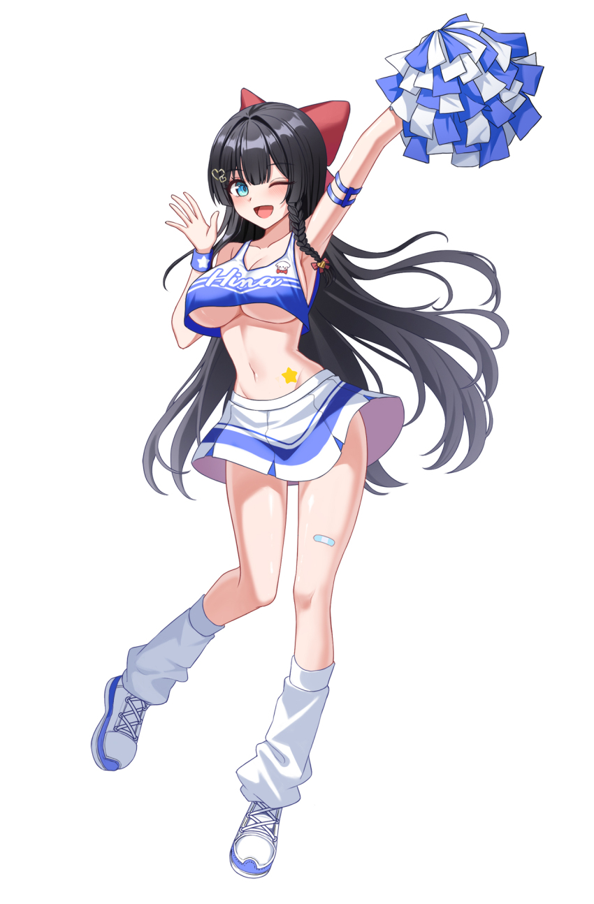 1girl, arm_up, armpits, loose_socks, black_hair, blue_eyes, bow, braid