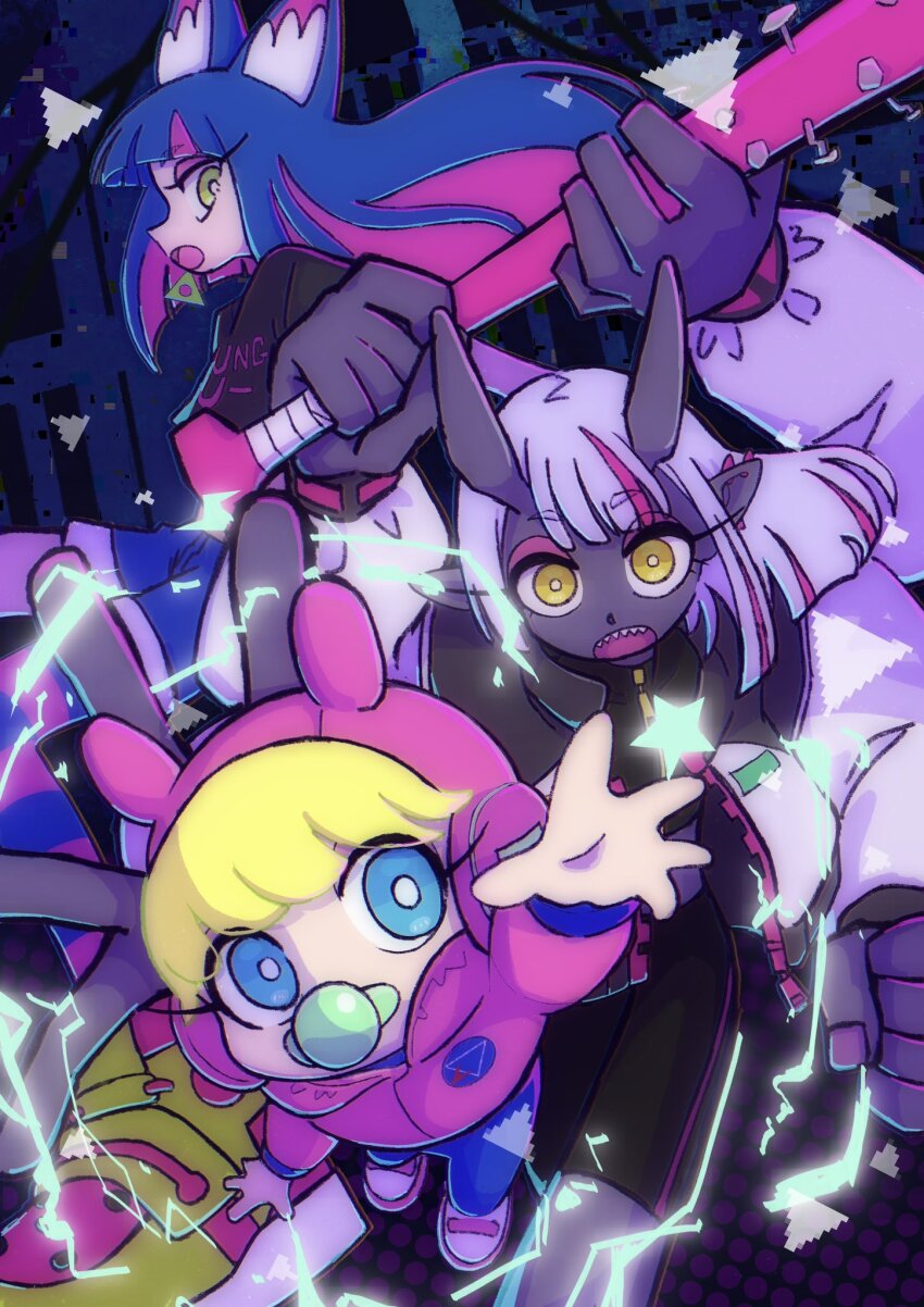 1other, 2girls, animal_ears, baseball_bat, black_skin, blonde_hair, blue_eyes, blue_hair, cat_ears, cat_girl, colored_inner_hair, colored_skin, demon_girl, demon_horns, earrings, extra_arms, green_eyes, green_footwear, highres, holding, holding_baseball_bat, hood, hooded_jacket, horns, jacket, jewelry, kung-fu-piggy, loku, multicolored_hair, multicolored_jacket, multiple_girls, open_mouth, pacifier, piggy-one_super_spark, pink_jacket, sammy_(kung-fu-piggy), socks, streaked_hair, striped_clothes, striped_socks, triangle_earrings, two-tone_jacket, white_footwear, white_hair, yellow_eyes, yuezu