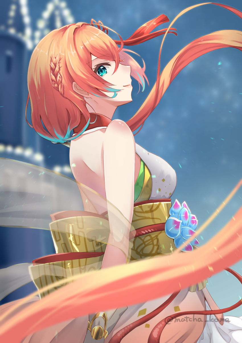 1girl, backless_kimono, blue_eyes, gradient_hair, hair_ornament, highres, japanese_clothes, kimono, linea_(shironeko_project), multicolored_hair, obi, official_alternate_costume, orange_hair, ponytail, sash, scrunchie, shironeko_project, sleeveless, sleeveless_kimono, solo, wrist_scrunchie, yanagimachi