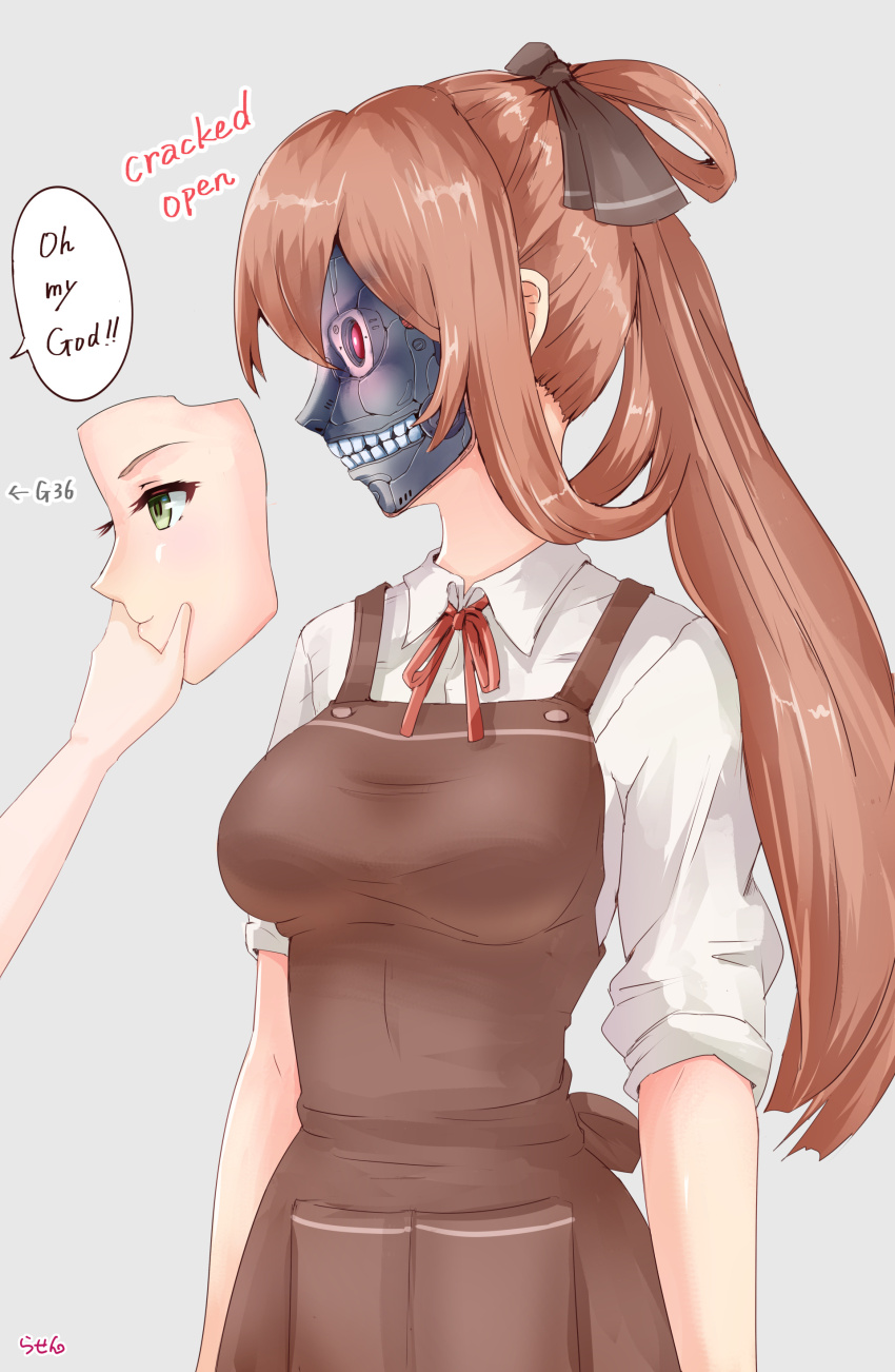 2girls, absurdres, android, apron, breasts, brown_hair, commission, creepy