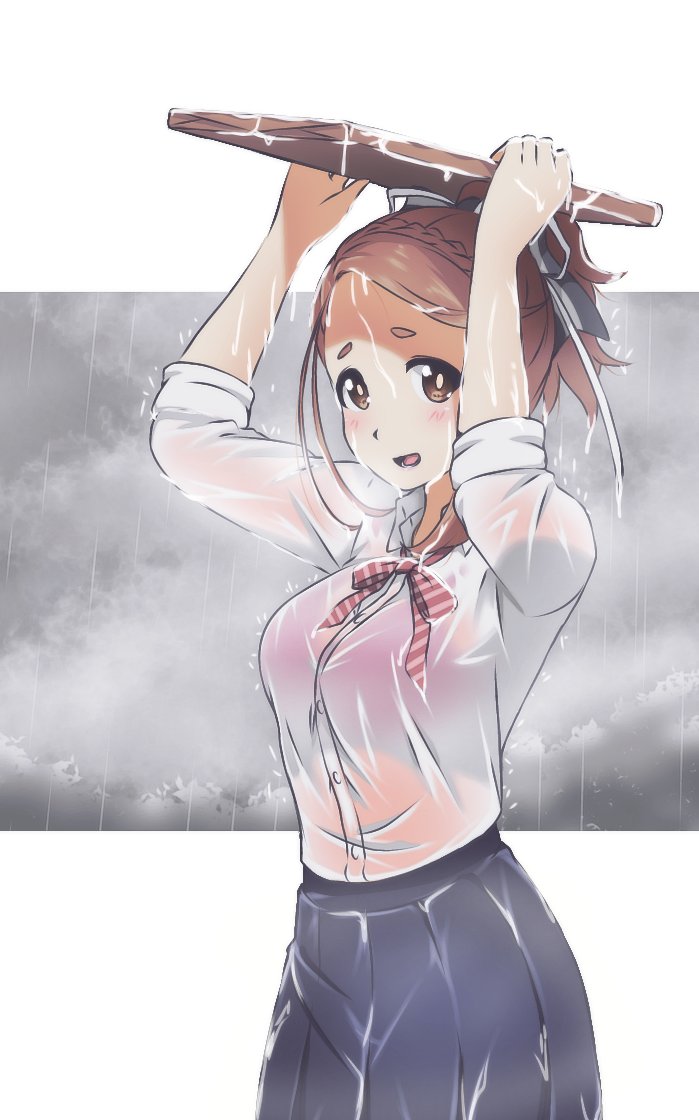 1girl, 22/7, arms_up, black_ribbon, black_skirt, blush, bow, bowtie