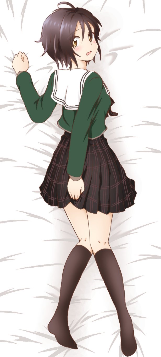 1girl, 22/7, bed_sheet, black_bow, black_bowtie, black_hair, black_skirt, black_socks