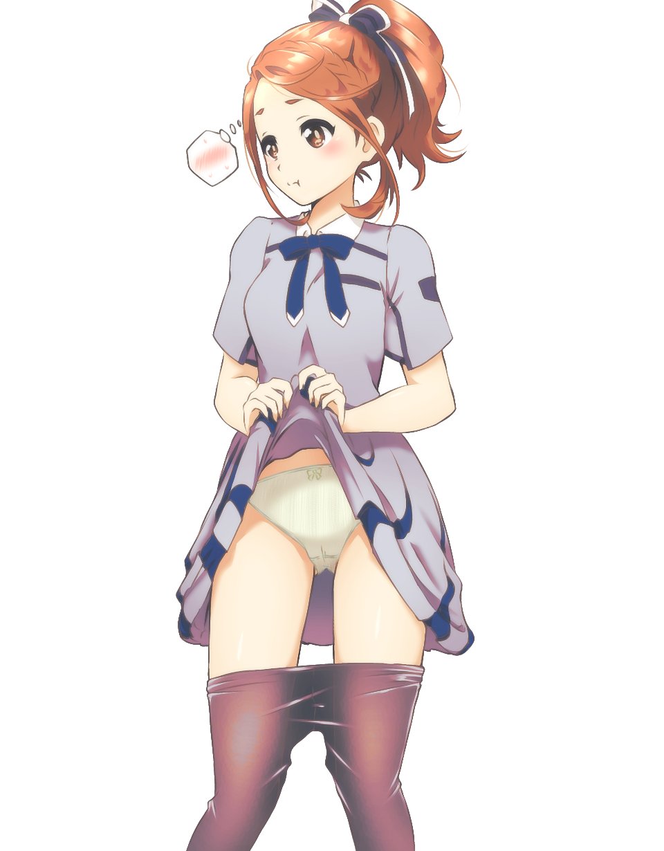 1girl, 22/7, :t, averting_eyes, black_pantyhose, black_ribbon, blue_bow, blue_bowtie, blue_dress, blush, boku_wa_sonzai_shiteinakatta, bow, bow_panties, bowtie, braid, brown_eyes, brown_hair, clothes_lift, clothes_pull, dress, dress_lift, emblem, feet_out_of_frame, hair_ribbon, high_ponytail, highres, hitorilily, kono_miyako, lifting_own_clothes, looking_to_the_side, panties, pantyhose, pantyhose_pull, ponytail, pout, ribbon, short_sleeves, simple_background, single_braid, solo, speech_bubble, spoken_blush, standing, thought_bubble, underwear, white_background, white_panties, white_ribbon