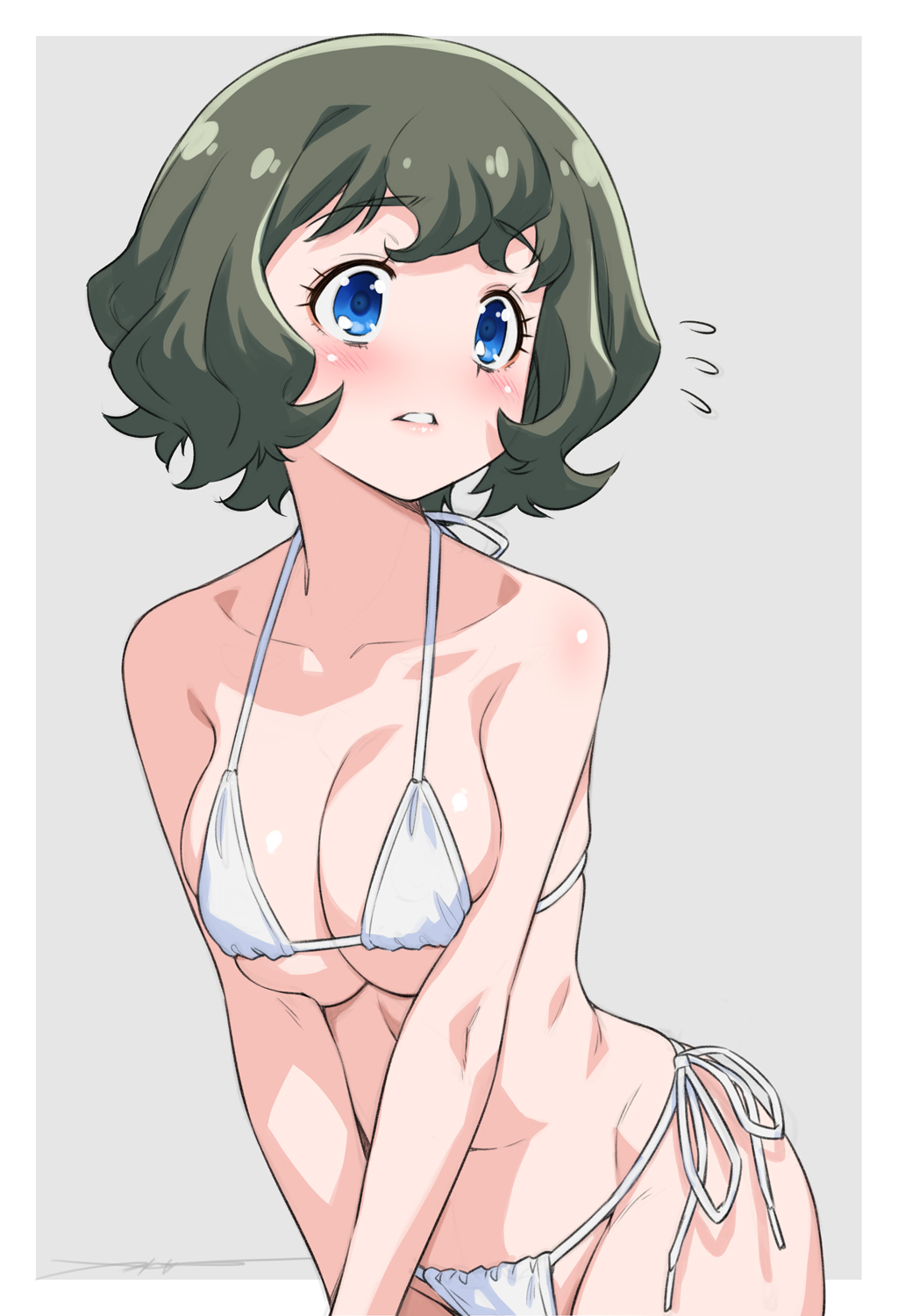 1girl, bare_shoulders, bikini, blue_eyes, blush, breasts, chiran_yuma, green_hair, grey_background, highres, kazuma_muramasa, large_breasts, looking_to_the_side, medium_hair, parted_lips, precure, side-tie_bikini_bottom, simple_background, solo, swimsuit, white_bikini, wonderful_precure!