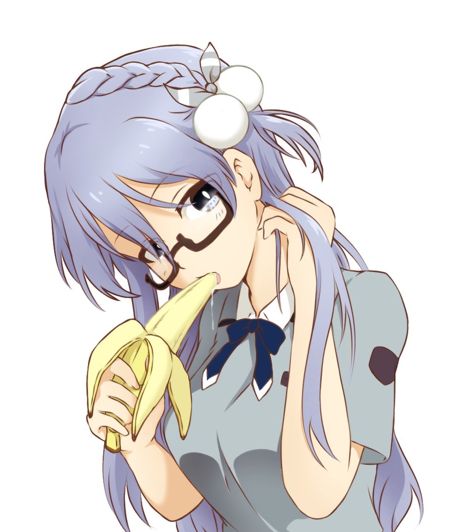 1girl, 22/7, banana, black-framed_eyewear, blue_bow, blue_bowtie, blue_eyes, blue_hair
