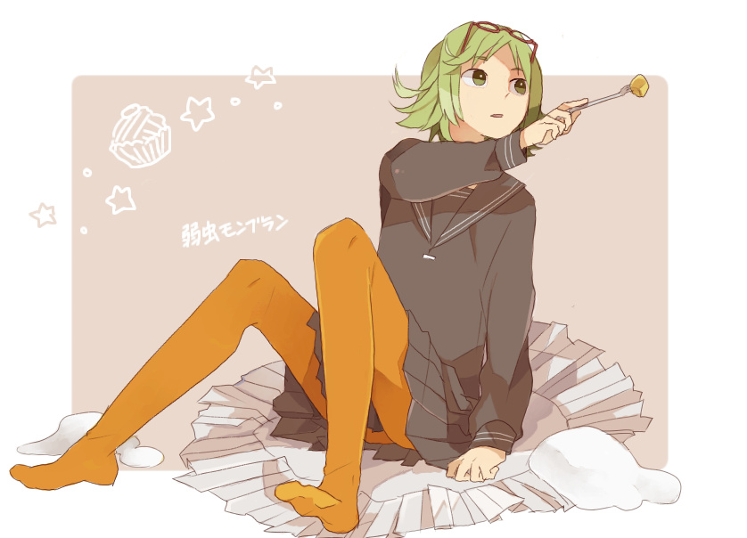 1girl, eyewear_on_head, feet, female_focus, fork, green_eyes, green_hair, gumi