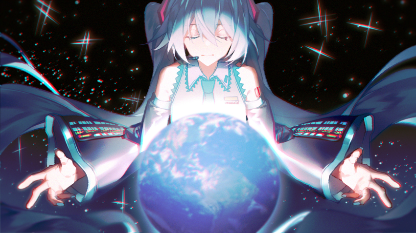 1girl, blue_hair, chinese_commentary, closed_eyes, collared_shirt, commentary_request, detached_sleeves, earth_(planet)