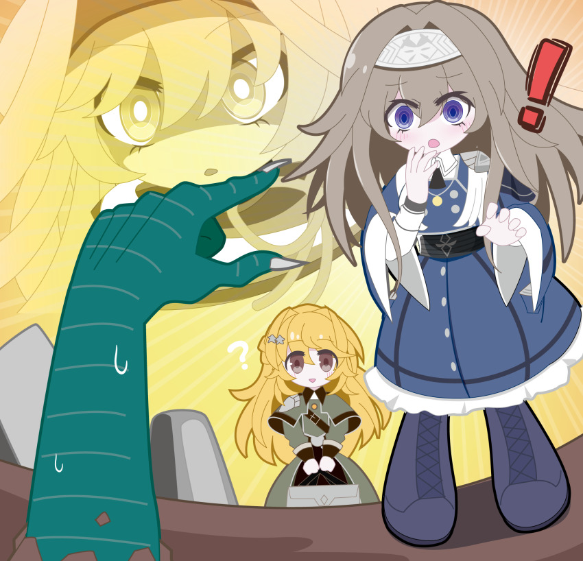 !, 1other, 2girls, ?, angry, blonde_hair, blue_eyes, called_by_the_grave