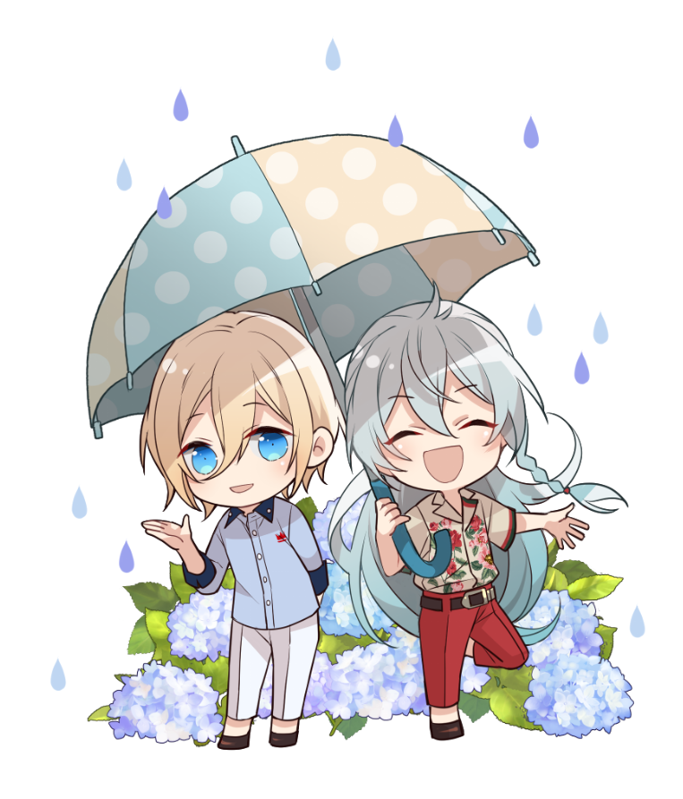 2boys, ^_^, aqua_umbrella, arm_behind_back, belt, black_belt, black_footwear, blonde_hair