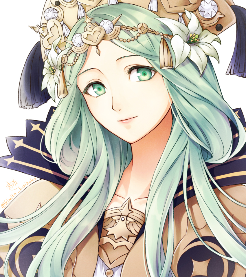 1girl, circlet, cloak, crown, fire_emblem, fire_emblem:_three_houses, flower, green_eyes