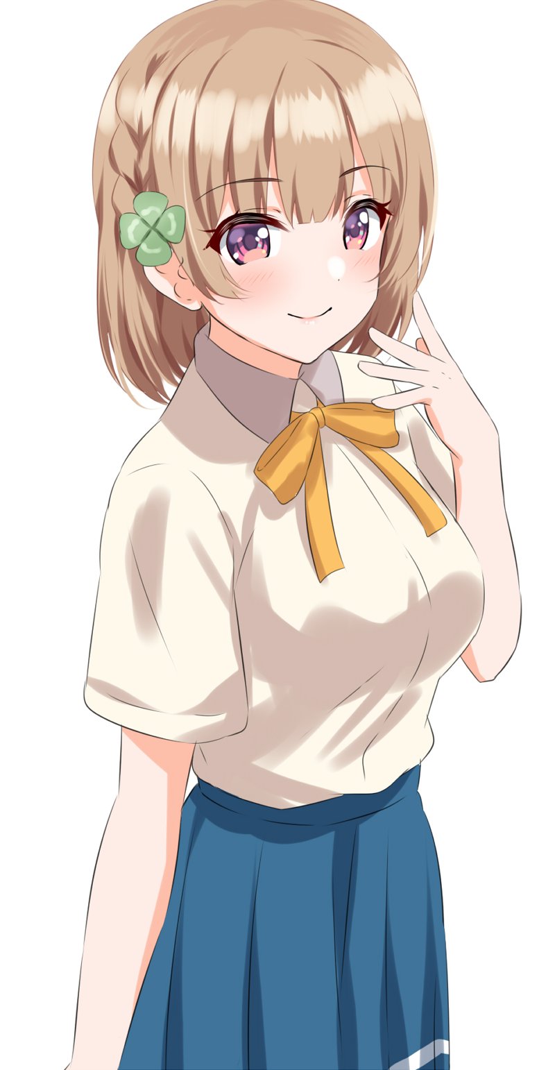 1girl, blue_skirt, blush, breasts, clover, clover_hair_ornament, collared_shirt, commentary_request