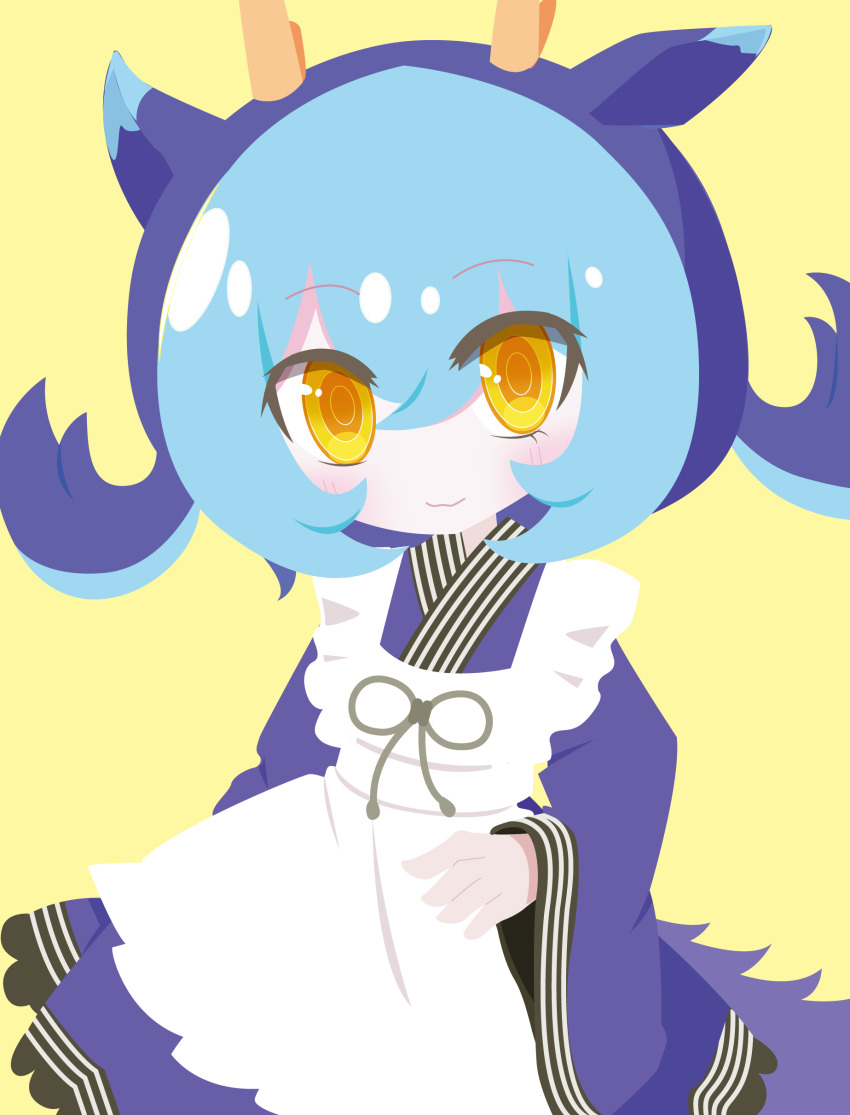 1girl, absurdres, apron, blue_hair, blue_kimono, dragon_girl, dragon_horns, dragon_tail