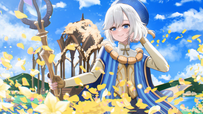 1girl, afk_(series), afk_journey, ayul_(ayulneri_92), blue_eyes, blue_robe, blue_sky, cassadee_(afk)