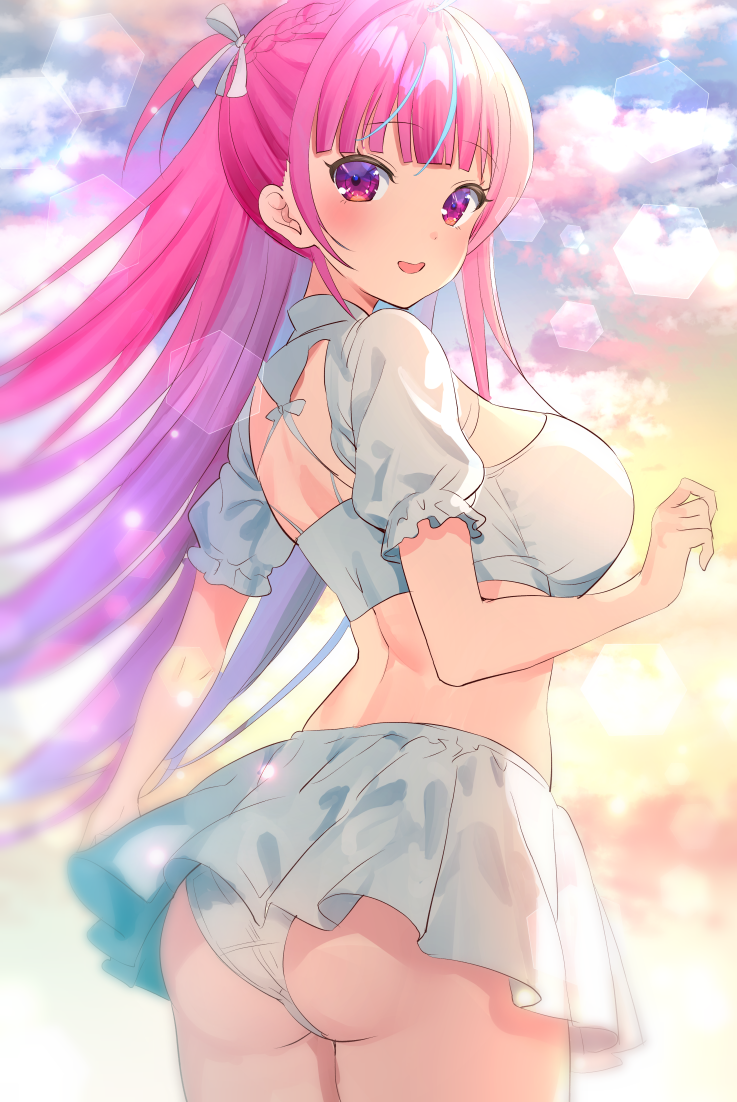 1girl, alternate_costume, alternate_hairstyle, ass, back, blue_hair, blue_sky, blush