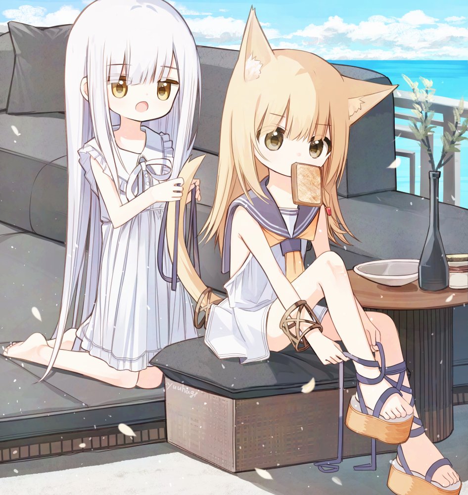 2girls, animal_ear_fluff, animal_ears, barefoot, blonde_hair, blue_ribbon, blue_sailor_collar, blue_sky