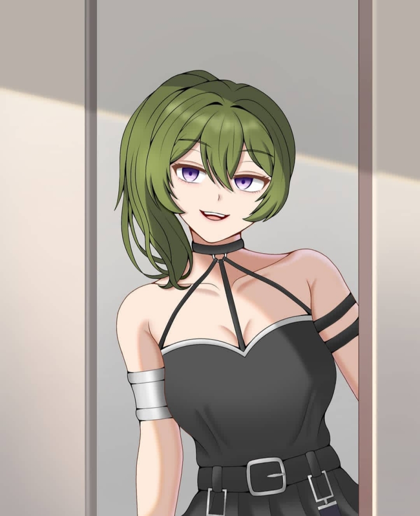1girl, :d, arm_strap, armlet, bare_shoulders, belt, black_belt, black_dress, breasts, cleavage, collarbone, dress, green_hair, halter_dress, halterneck, highres, jewelry, looking_at_viewer, maruginoru, medium_hair, open_mouth, purple_eyes, side_ponytail, sleeveless, sleeveless_dress, smile, solo, sousou_no_frieren, ubel_(sousou_no_frieren), upper_body