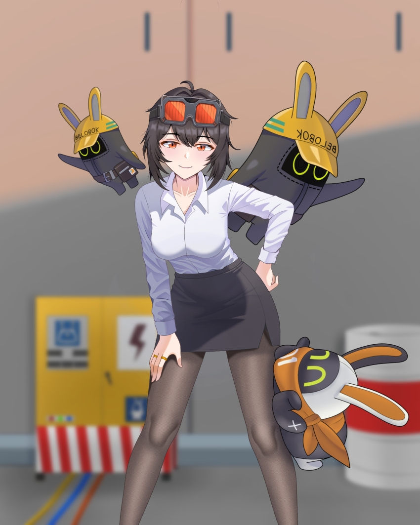 1girl, absurdres, alternate_costume, bangboo_(zenless_zone_zero), black_hair, black_skirt, blurry, blurry_background, breasts, commentary, english_commentary, feet_out_of_frame, goggles, goggles_on_head, grace_howard, grey_pantyhose, highres, leaning_forward, long_sleeves, looking_at_viewer, maruginoru, medium_breasts, miniskirt, orange_eyes, pantyhose, pencil_skirt, shirt, short_hair, skirt, smile, standing, white_shirt, zenless_zone_zero