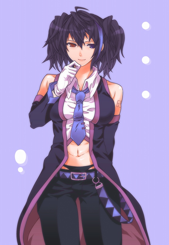 1girl, black_hair, blouse, blue_eyes, blue_necktie, collared_shirt, detached_sleeves, female_focus