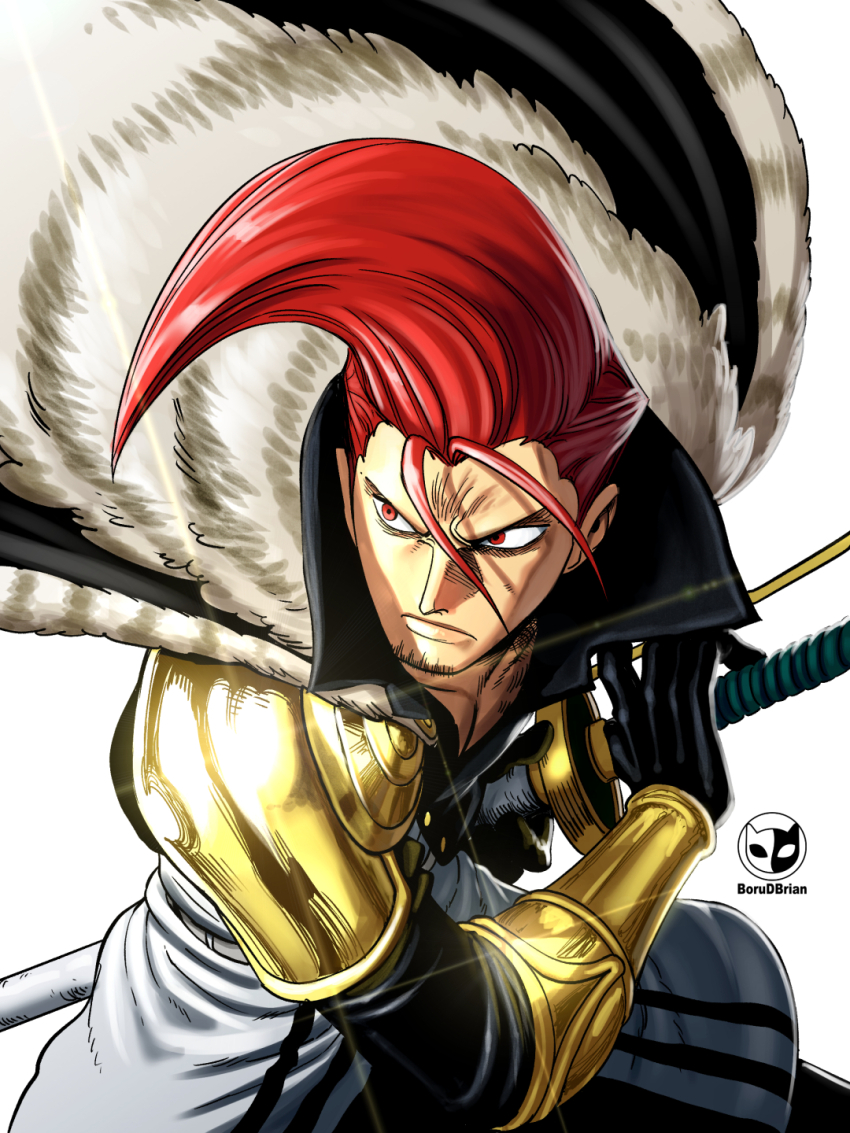 1boy, arm_armor, armor, artist_logo, black_coat, black_gloves, borudbrian, closed_mouth