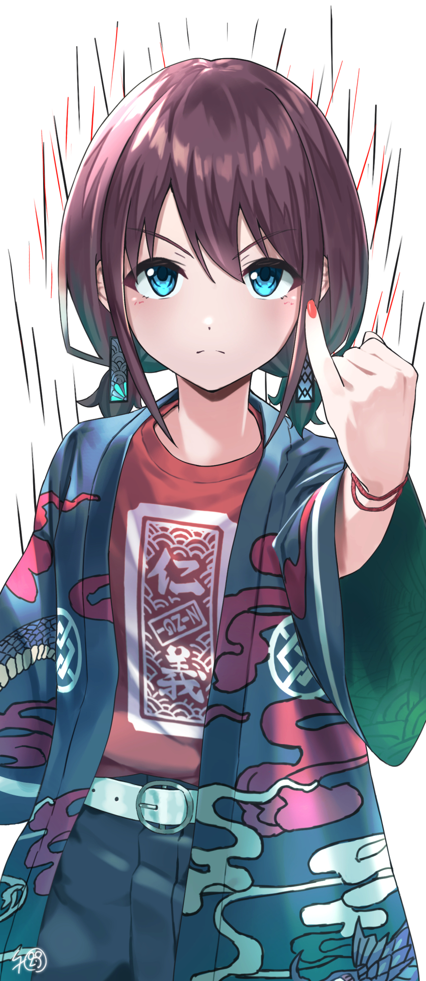 1girl, absurdres, angry, belt, belt_buckle, black_happi, black_shorts, blue_eyes