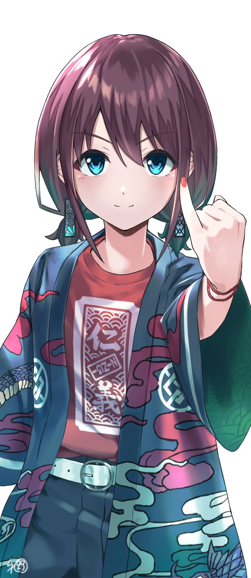 1girl, absurdres, belt, belt_buckle, black_happi, black_shorts, blue_eyes, blue_hair