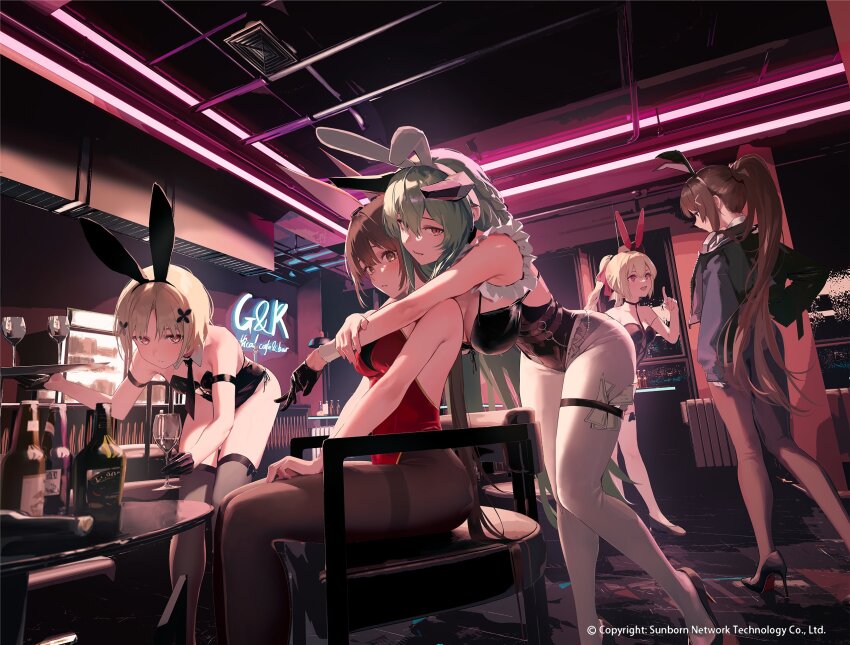 5girls, animal_ears, arm_strap, arms_on_another's_shoulder, bar_(place), black_gloves, black_jacket, black_leotard, black_necktie, black_pantyhose, black_thighhighs, blonde_hair, bottle, breasts, brown_eyes, brown_hair, chair, character_request, chinese_commentary, cleaning, commentary_request, cross_hair_ornament, cup, detached_collar, drinking_glass, fake_animal_ears, girls'_frontline, gloves, green_hair, green_skirt, hair_ornament, high_heels, high_ponytail, highres, holding, holding_cup, holding_tray, indoors, jacket, js_9_(girls'_frontline), js_9_(parfait_martini)_(girls'_frontline), leotard, long_hair, looking_at_viewer, ltlx_7000_(girls'_frontline), ltlx_7000_(macallan_intoxication)_(girls'_frontline), money, mp40_(champagne_of_spades)_(girls'_frontline), mp40_(girls'_frontline), multiple_girls, necktie, neon_lights, official_alternate_costume, official_art, pantyhose, playboy_bunny, ponytail, pumps, rabbit_ears, red_eyes, red_leotard, red_soles, shoes, short_hair, single_glove, sitting, skirt, sr-3mp_(a_gift_of_guns_n'_roses)_(girls'_frontline), sr-3mp_(girls'_frontline), stiletto_heels, tacshojosora, thigh_strap, thighhighs, tray, tucked_money, type_56-1_(baileys_with_zongzi)_(girls'_frontline), type_56-1_(girls'_frontline), white_pantyhose, wine_glass