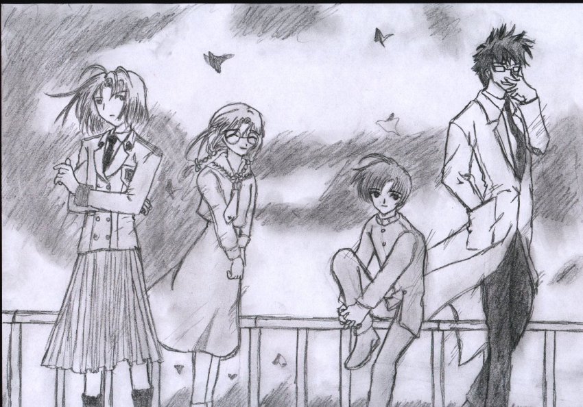 2boys, 2girls, angelic_layer, cloud, jounouchi_sai, lying, mihara_ichiro, mihara_oojirou