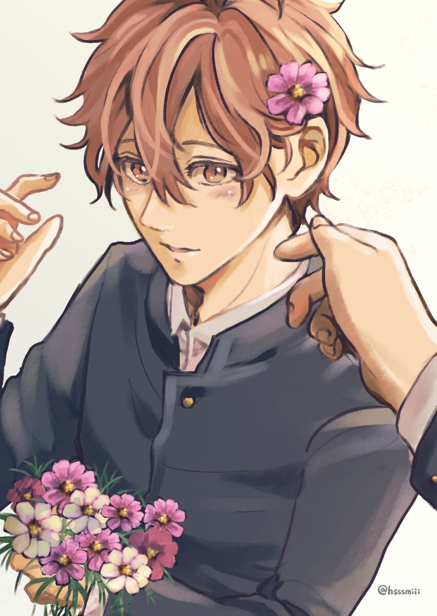 2boys, black_jacket, blush, buttons, collared_shirt, flower, flower_on_head, grey_background