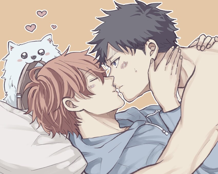 2boys, bag, black_hair, blue_eyes, blue_hoodie, blush_stickers, brown_bag, closed_eyes