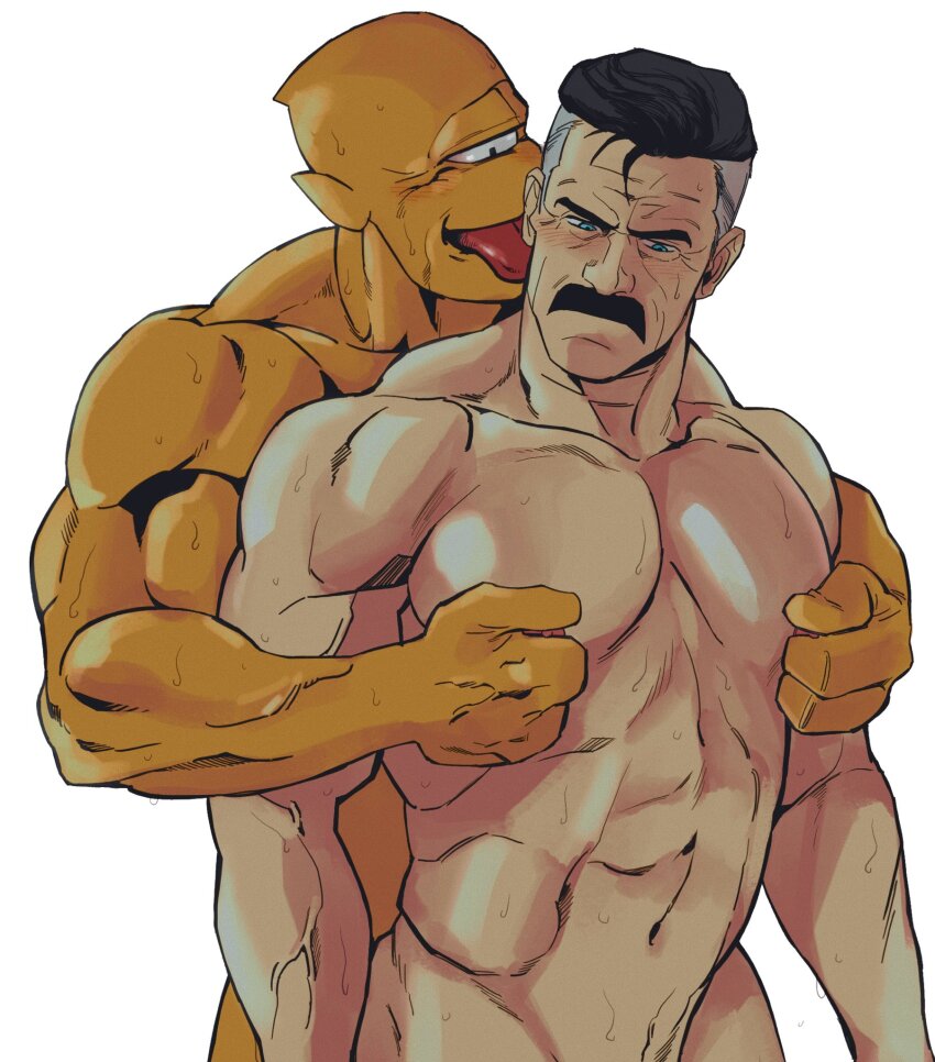 2boys, abs, allen_(invincible), allen_the_alien, bara, black_hair, blue_eyes, bonjourdraws
