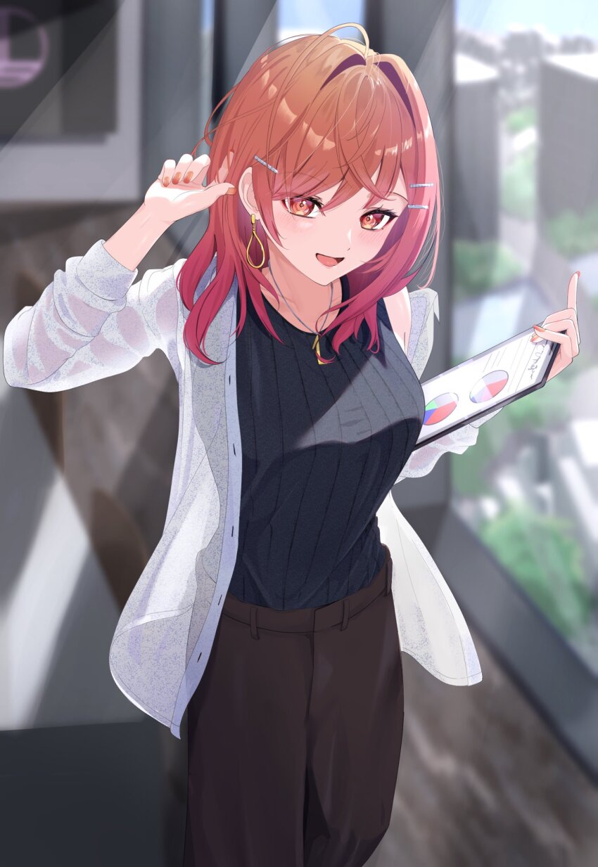 1girl, ahoge, alternate_costume, black_sweater, blurry, blurry_background, blush, breasts