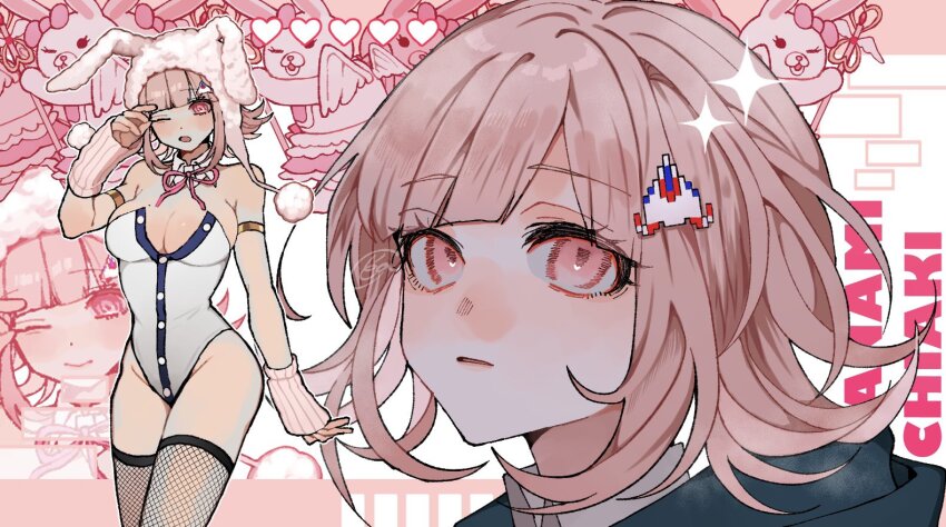 1girl, ;d, animal_ears, arm_warmers, armlet, bare_shoulders, black_leotard, blush