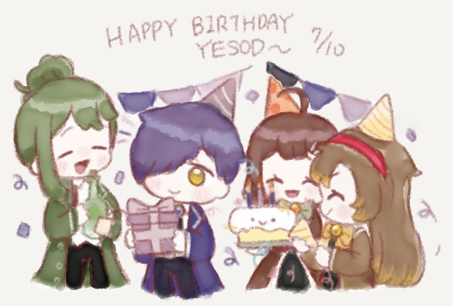 2boys, 2girls, ahoge, brown_hair, cake, closed_mouth, confetti, food