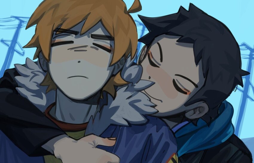 2boys, 96a5b0, ahoge, arm_around_shoulder, black_hair, blue_jacket, blush, closed_eyes