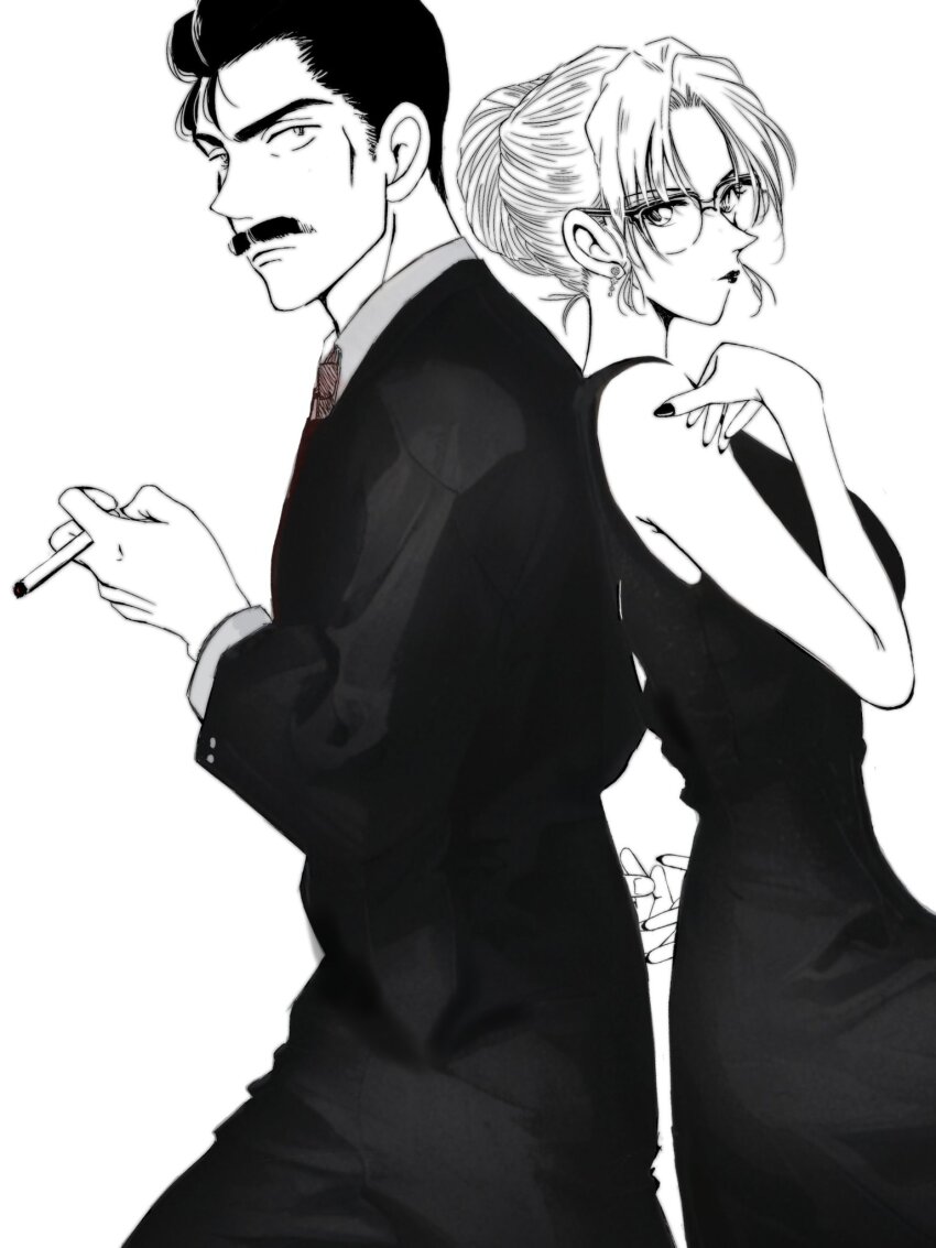 1boy, 1girl, cigarette, closed_mouth, commentary_request, dress, dutch_angle, facial_hair, formal_clothes, glasses, greyscale, hair_bun, hair_slicked_back, highres, holding, holding_cigarette, kisaki_eri, looking_at_viewer, meitantei_conan, monochrome, mouri_kogoro, mustache, profile, rio_raspberry, short_hair, sidelocks, simple_background, sleeveless, sleeveless_dress, suit
